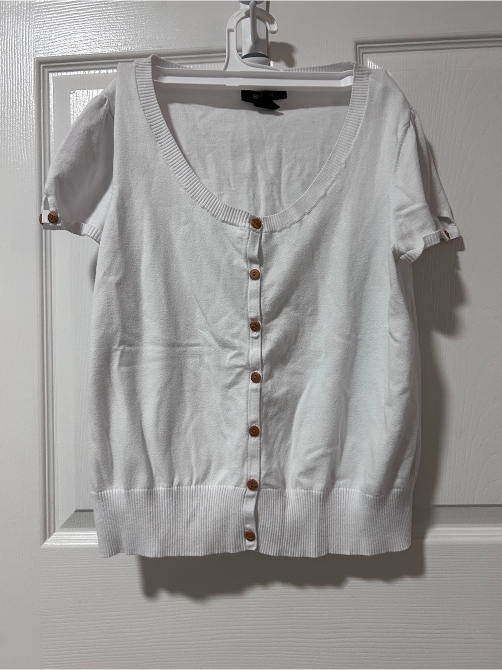 INC International Concepts White Short-Sleeve Button Front Knit Top